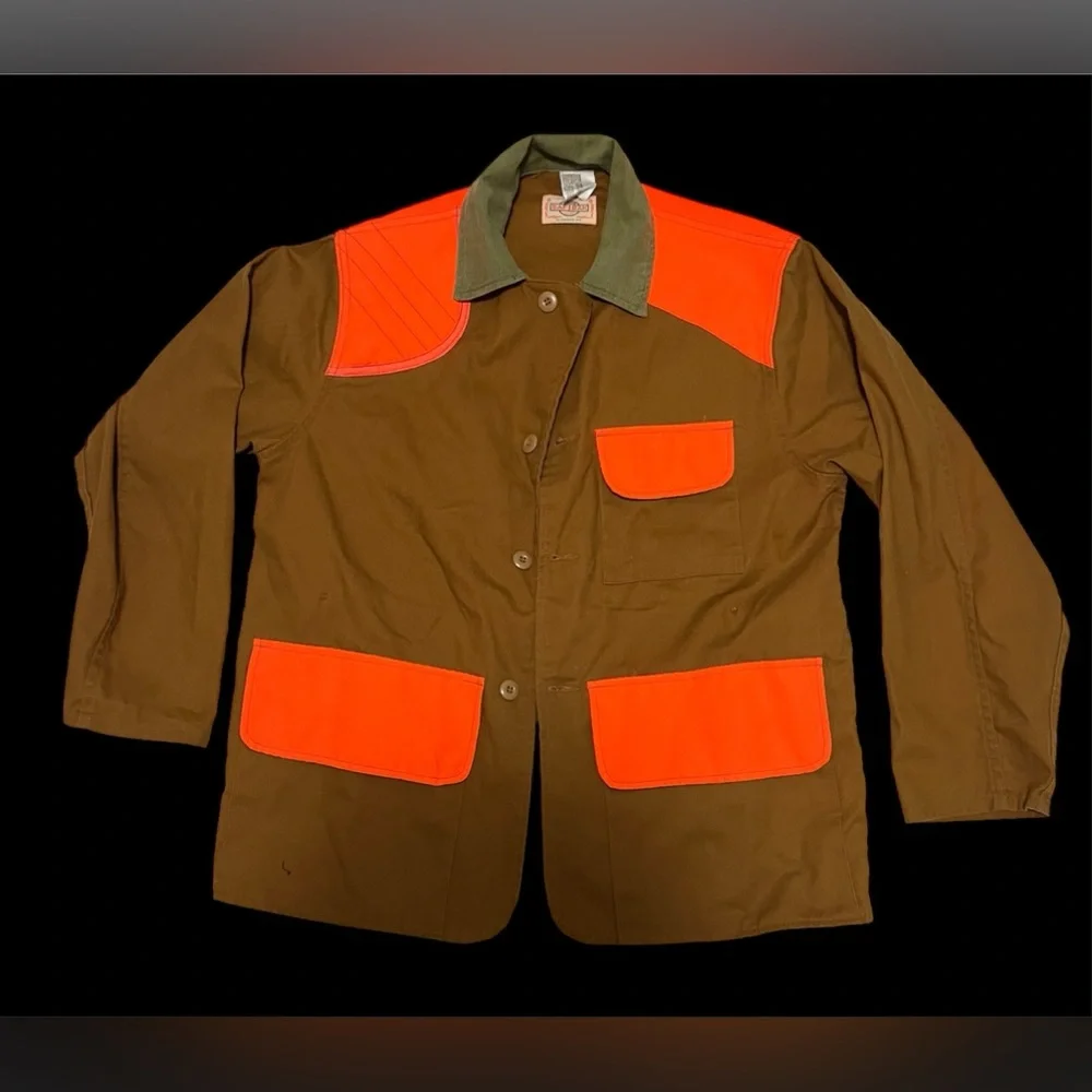 Vintage SAFTBAK Hunting Jacket Mens Large Brown Orange‎ Canvas Pockets Coat USA